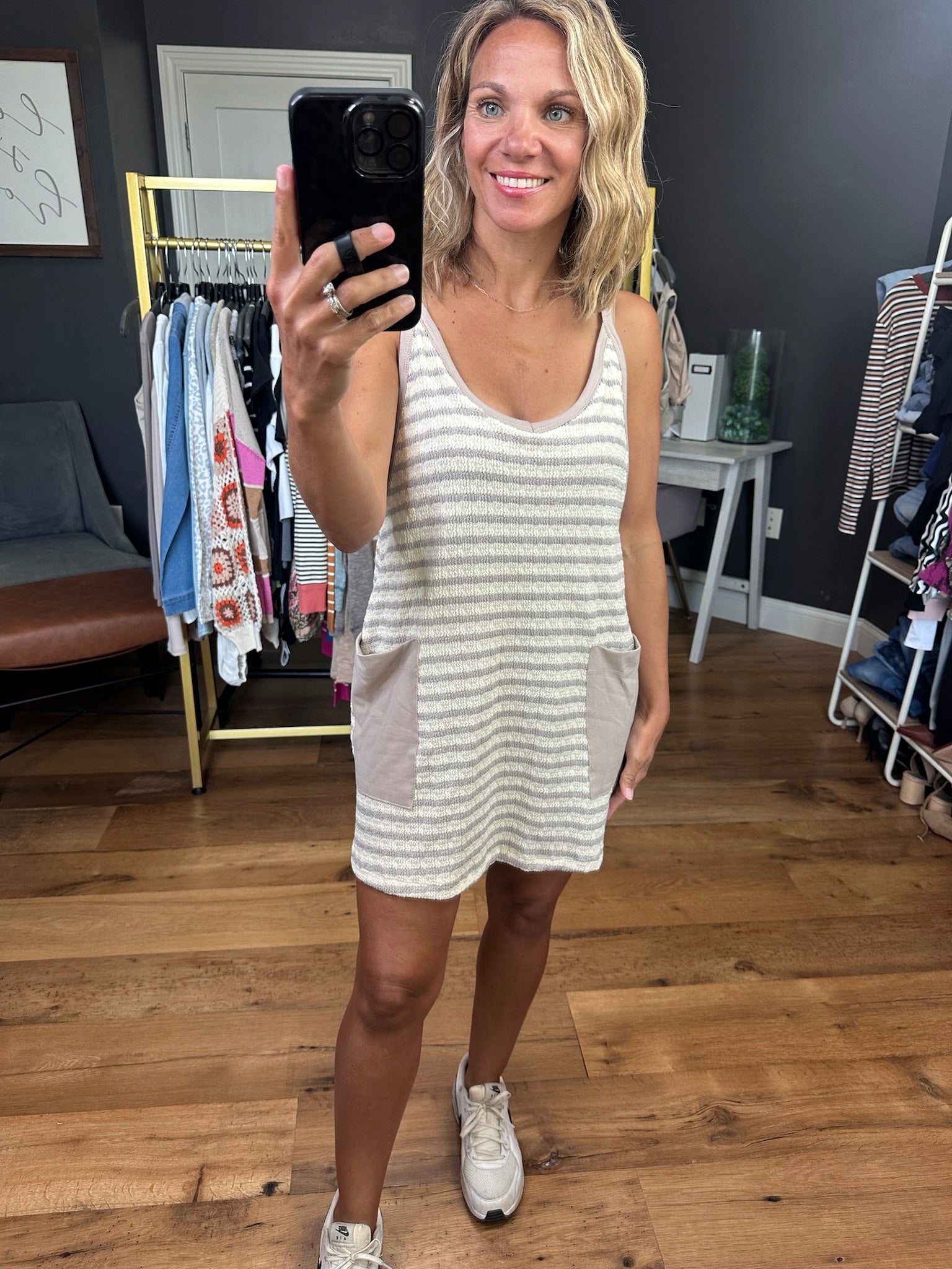 Summer Essence Striped Romper Dress - Taupe-Rompers-Bucketlist-Anna Kaytes Boutique, Women's Fashion Boutique in Grinnell, Iowa