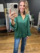 Going For It V-Neck Collared Pullover - Hunter Green-Entro-Anna Kaytes Boutique, Women's Fashion Boutique in Grinnell, Iowa