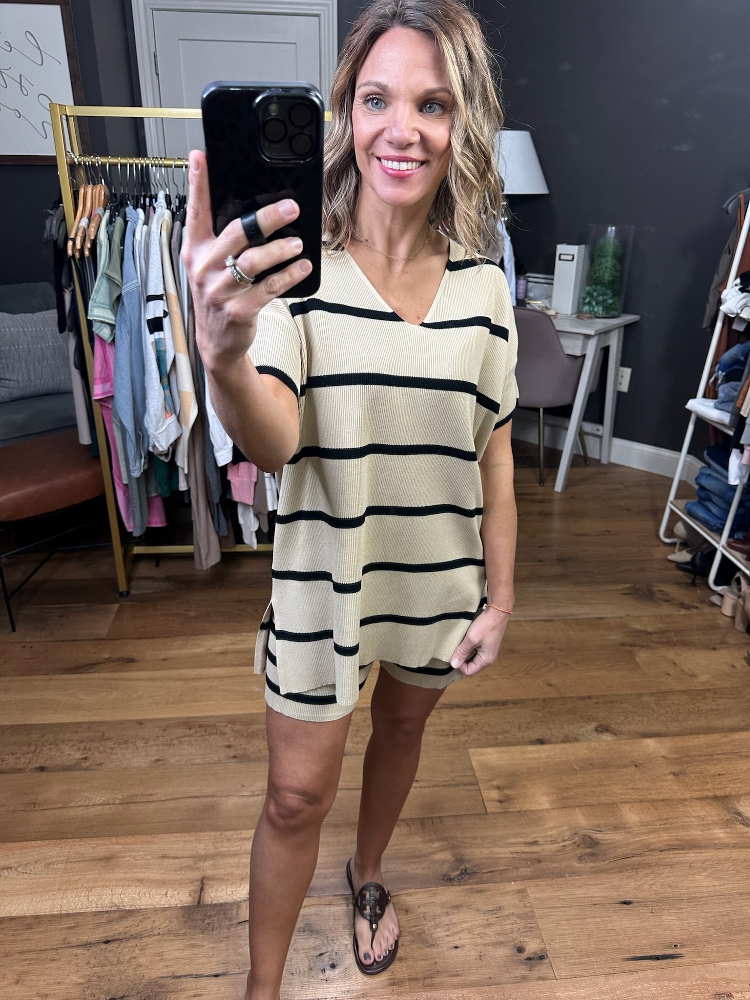 On the Other Side Striped Set - Taupe/Black-Two Piece Set-Wishlist-Anna Kaytes Boutique, Women's Fashion Boutique in Grinnell, Iowa