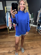 Catch Your Eye Slit-Hem Crew Sweater - Royal Blue-By Together-Anna Kaytes Boutique, Women's Fashion Boutique in Grinnell, Iowa