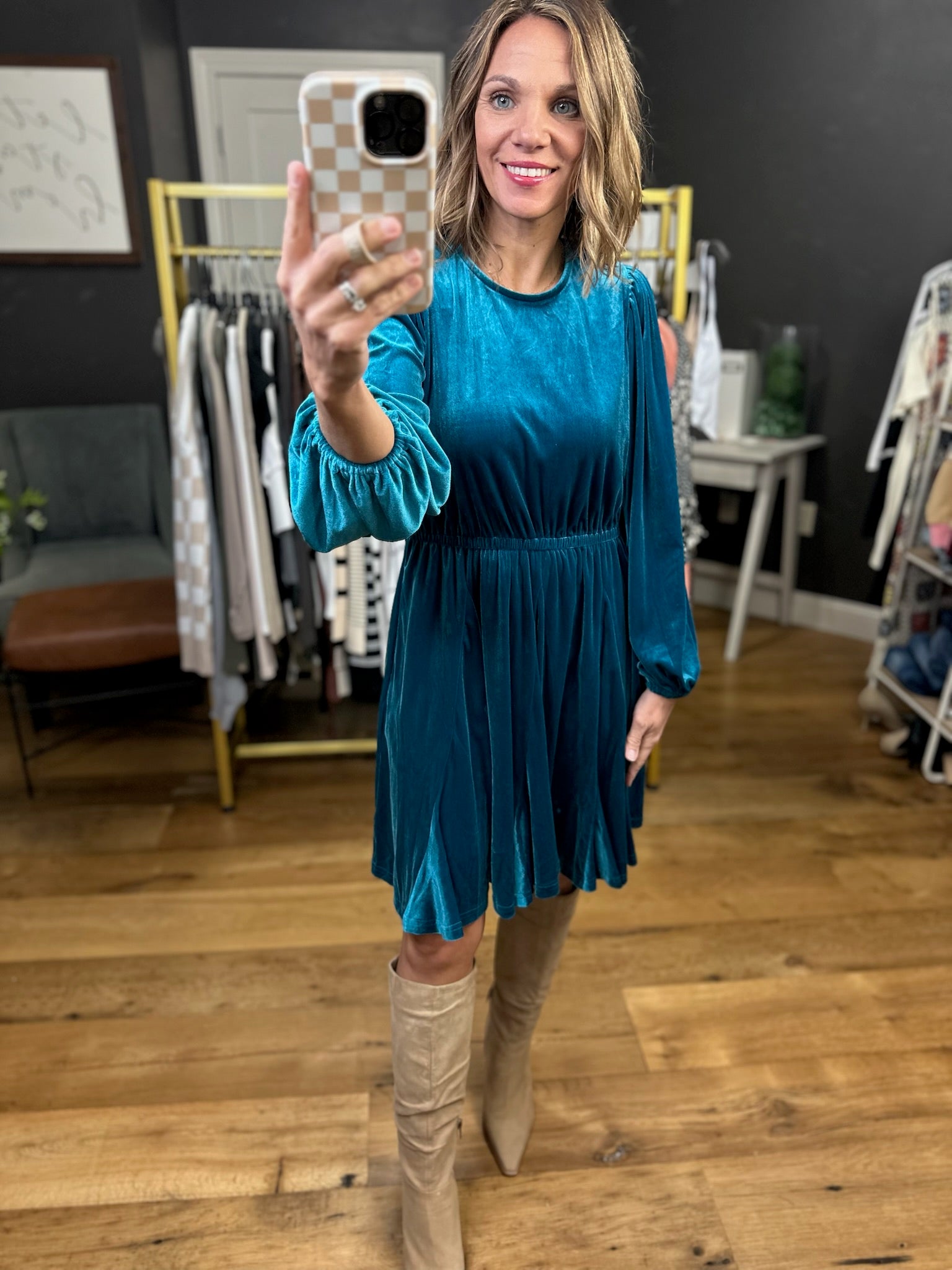 Sweeter Words Velour Dress - Teal-Jodifl-Anna Kaytes Boutique, Women's Fashion Boutique in Grinnell, Iowa