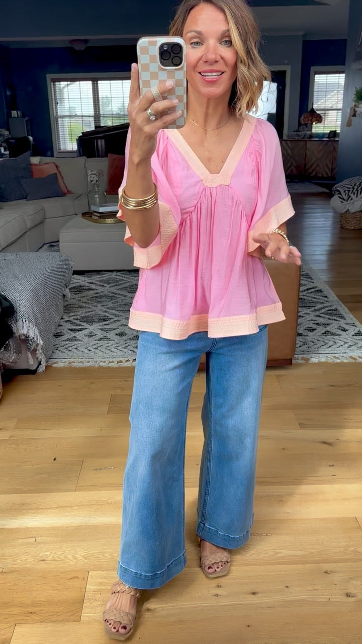 All Its Own Babydoll Top - Pink/Apricot-Fate-Anna Kaytes Boutique, Women's Fashion Boutique in Grinnell, Iowa