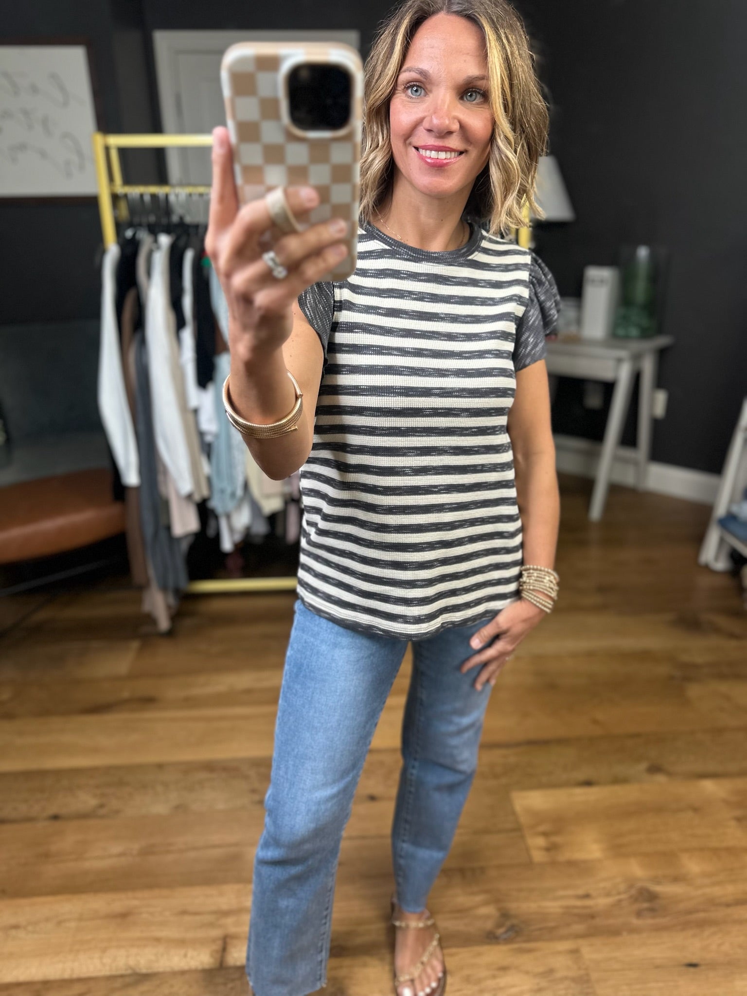 New To Town Striped Flutter Sleeve Top - Charcoal-Staccato-Anna Kaytes Boutique, Women's Fashion Boutique in Grinnell, Iowa