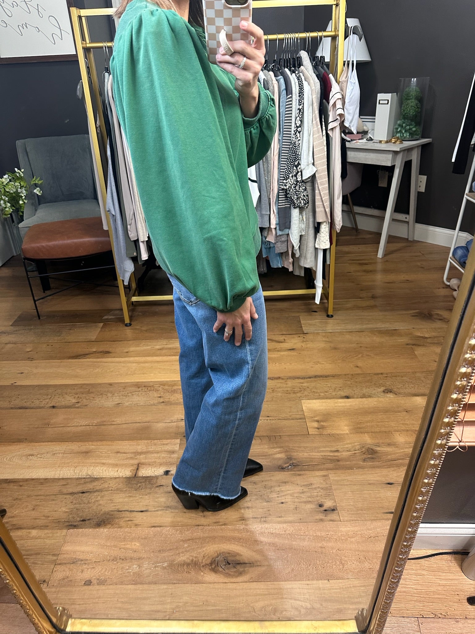 Looking Back Balloon Sleeve Crew Sweatshirt - Hunter Green-Jodifl-Anna Kaytes Boutique, Women's Fashion Boutique in Grinnell, Iowa