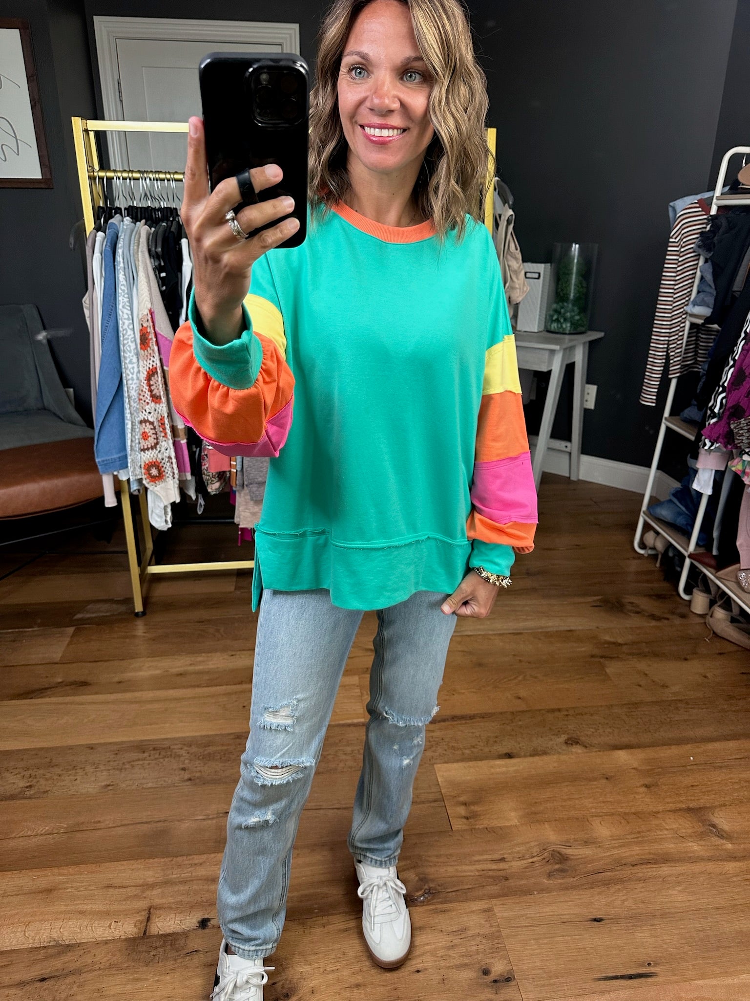 Sunburst Color Block Crewneck Sweatshirt - Jade Multi-Bibi-Anna Kaytes Boutique, Women's Fashion Boutique in Grinnell, Iowa