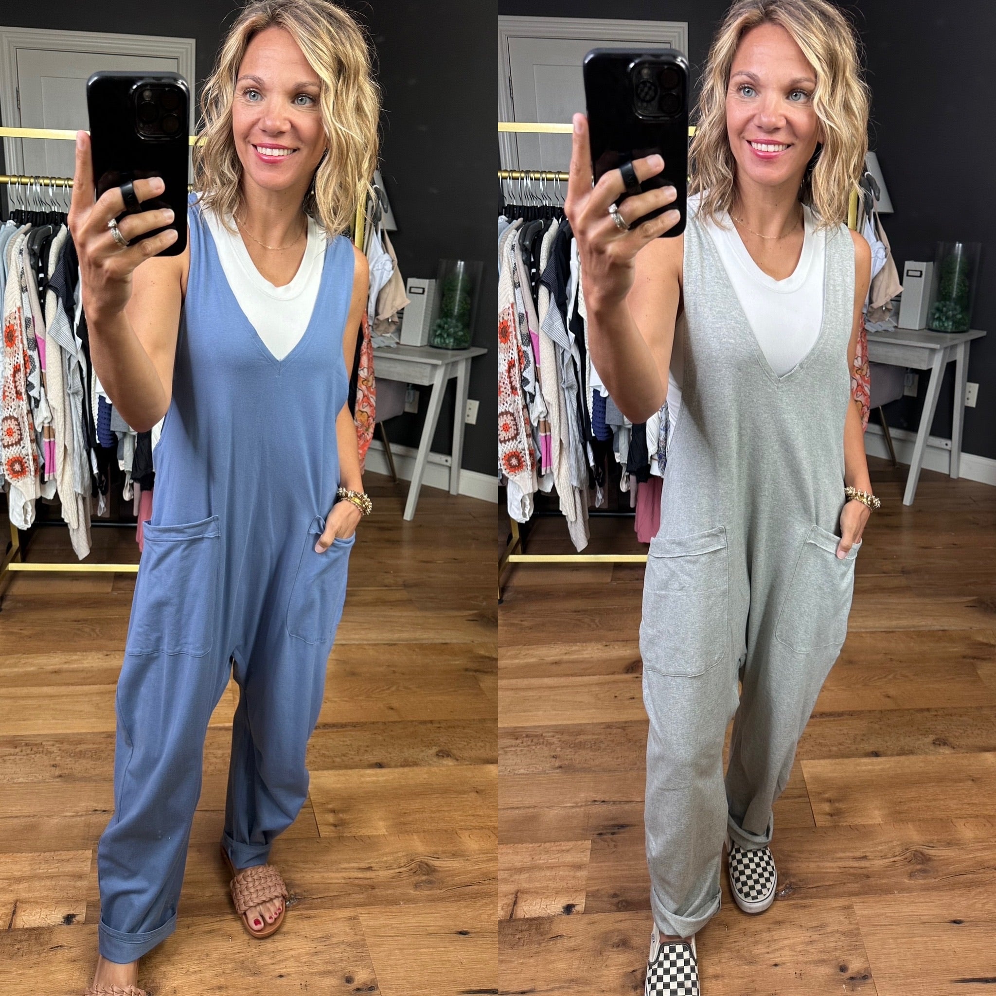 Lines Are Crossed V-Neck Pocket Jumpsuit - Multiple Options-Jumpsuits-Very J New In-Anna Kaytes Boutique, Women's Fashion Boutique in Grinnell, Iowa