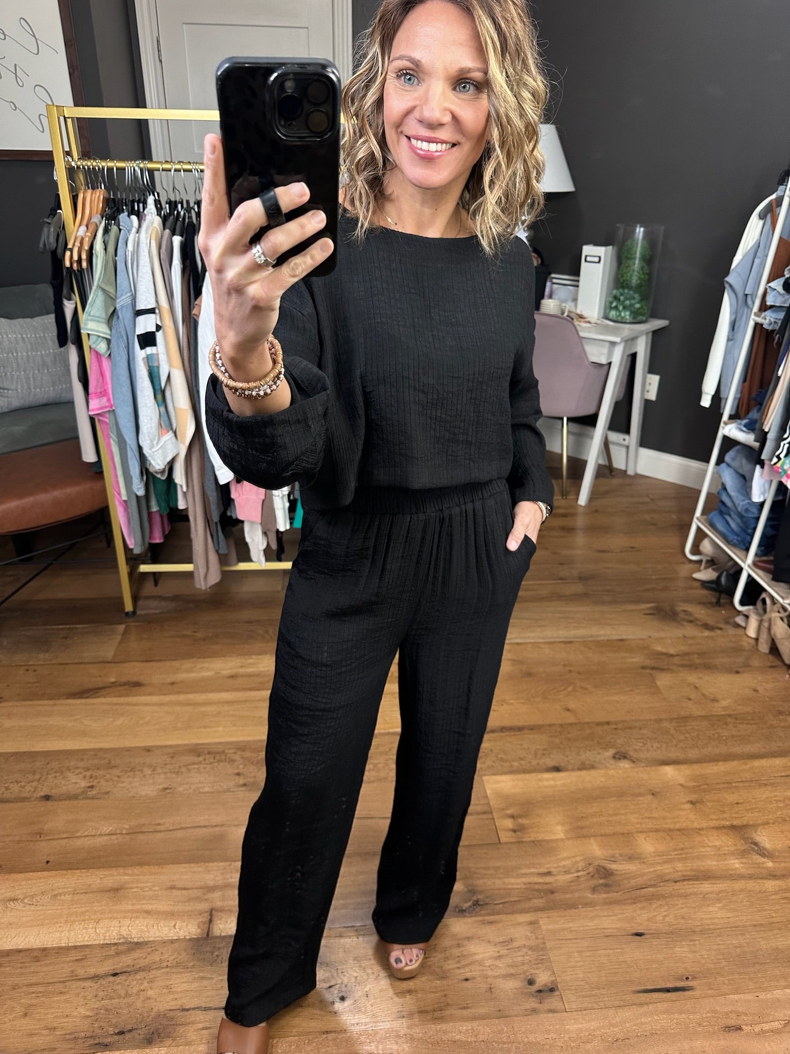 This Is It Wide-Leg + Cropped Long Sleeve Set - Black-Two Piece Set-Blu Pepper B3SX1007-T B3SX1007-B-Anna Kaytes Boutique, Women's Fashion Boutique in Grinnell, Iowa