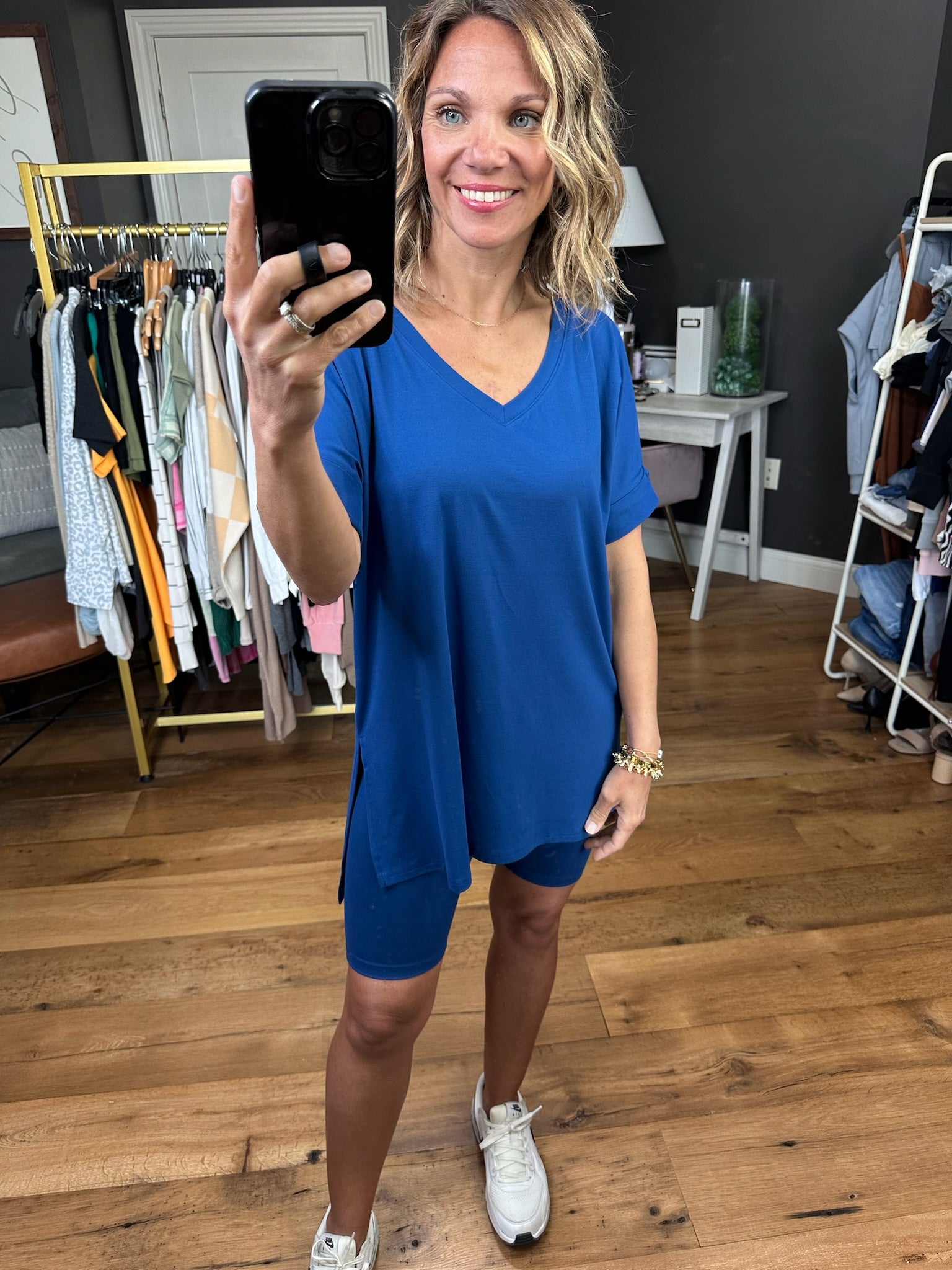 Through The Years V-Neck + Biker Short Set - Light Navy-Two Piece Set-Zenana MT-57032-Anna Kaytes Boutique, Women's Fashion Boutique in Grinnell, Iowa