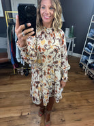 By My Side Floral High-Neck Dress With Smocked Detail - Natural-Dresses-Skies Are Blue 99588-Anna Kaytes Boutique, Women's Fashion Boutique in Grinnell, Iowa