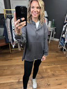 Hold Me Closer Henley Pocket Hoodie - Charcoal-Hoodies-Cotton Bleu 64605-Anna Kaytes Boutique, Women's Fashion Boutique in Grinnell, Iowa