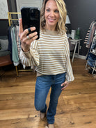 On The Dot Striped Sweater With Balloon Sleeve Detail - Taupe-Sweaters-Be cool 64068-Anna Kaytes Boutique, Women's Fashion Boutique in Grinnell, Iowa