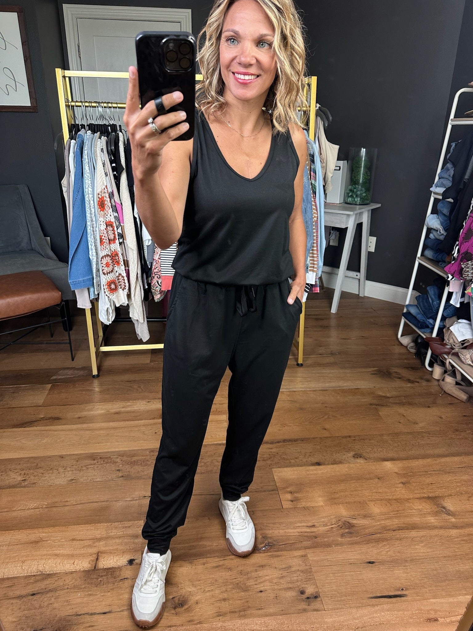 Stepping Up V-Neck Jumpsuit - Black-Wishlist-Anna Kaytes Boutique, Women's Fashion Boutique in Grinnell, Iowa