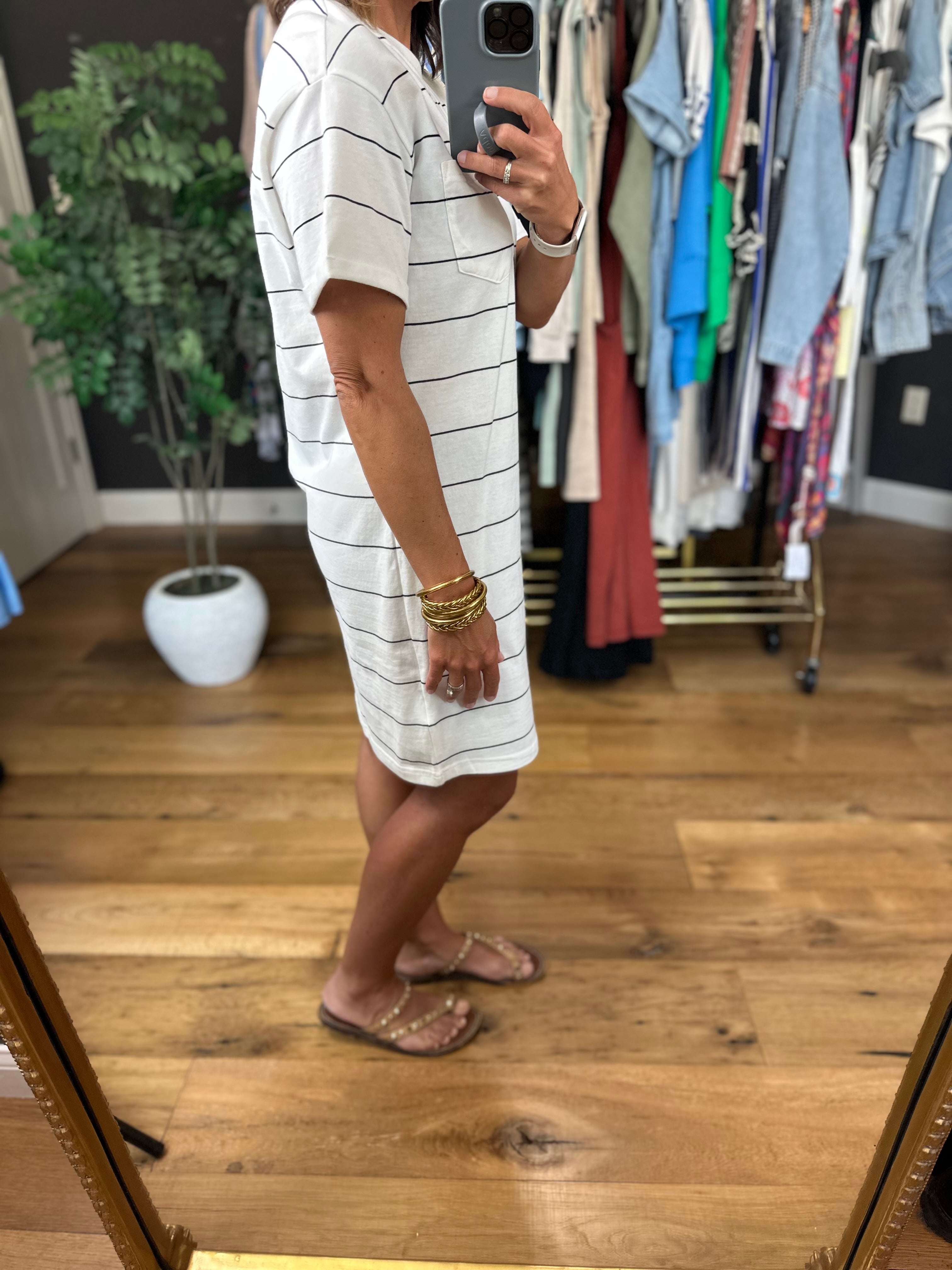 The Kick Back Striped Pocket T-Shirt Dress-Dresses-Thread & Supply-Anna Kaytes Boutique, Women's Fashion Boutique in Grinnell, Iowa