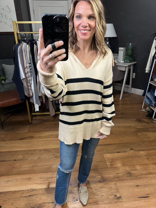Long Before Striped V-Neck Sweater - Natural/Black-Jodifl H21257-Anna Kaytes Boutique, Women's Fashion Boutique in Grinnell, Iowa