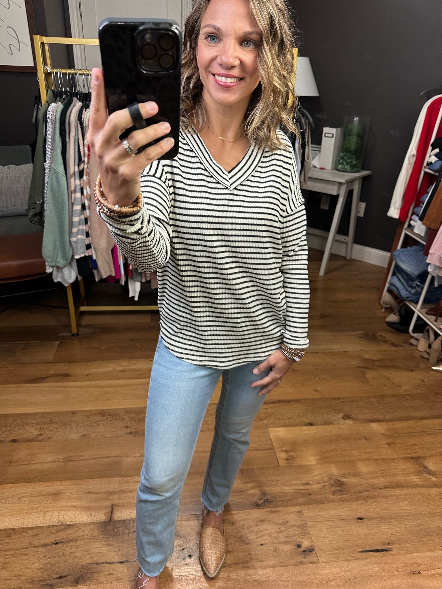 The Lucy Textured V-Neck Striped Long Sleeve Top - White/Black