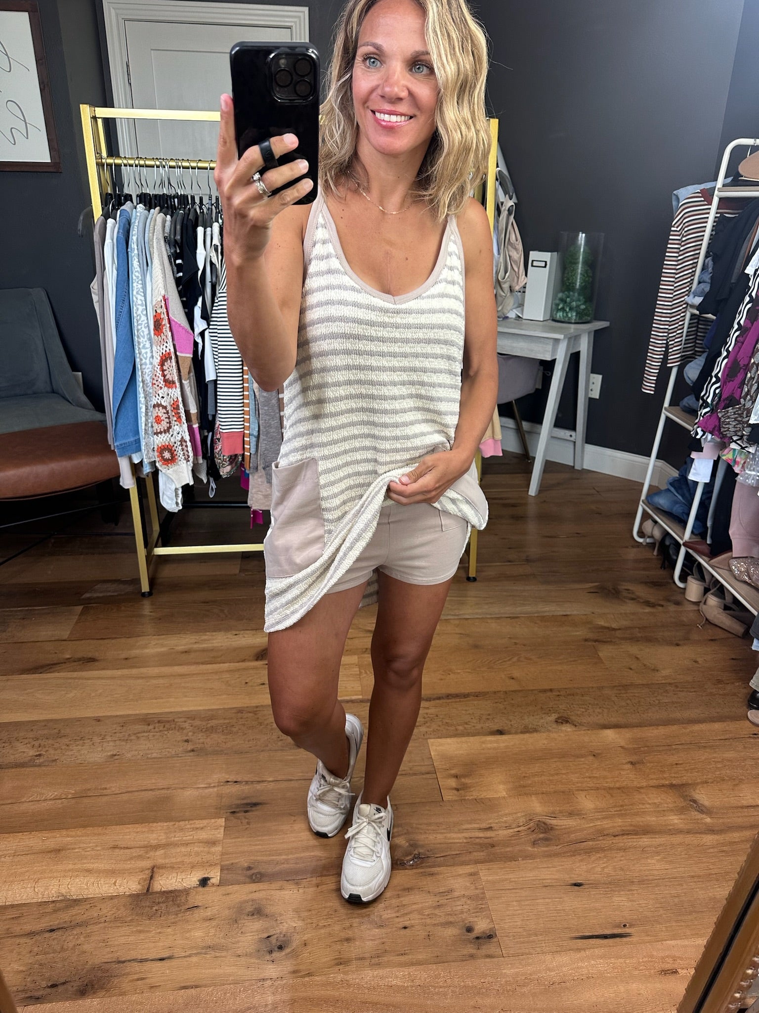 Summer Essence Striped Romper Dress - Taupe-Rompers-Bucketlist-Anna Kaytes Boutique, Women's Fashion Boutique in Grinnell, Iowa