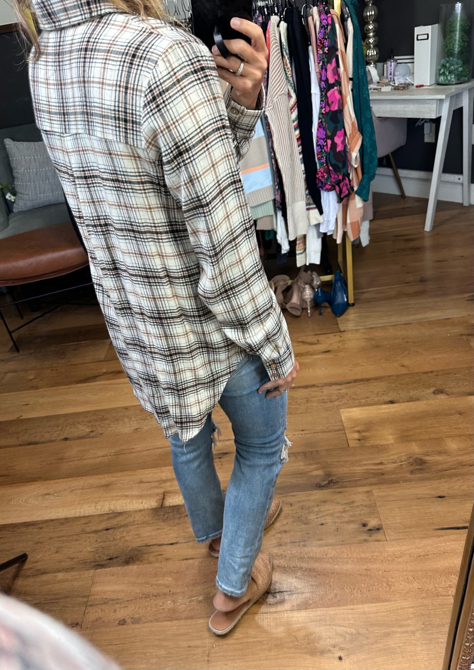 Not Anymore Plaid Flannel Top - Ivory/Black/Camel