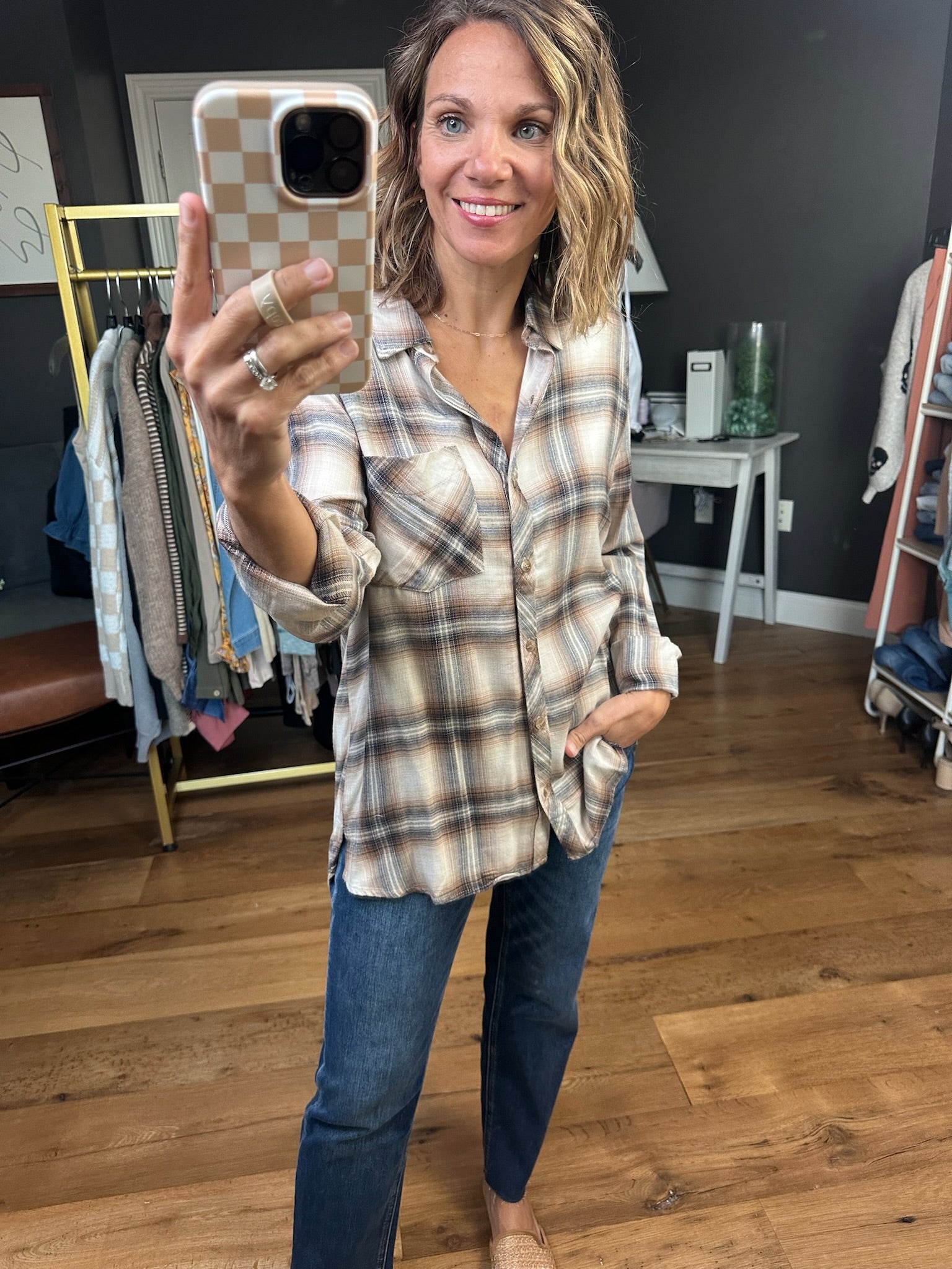 Looking After Me Plaid Button-Down Top - Chestnut/Navy-Be Cool-Anna Kaytes Boutique, Women's Fashion Boutique in Grinnell, Iowa