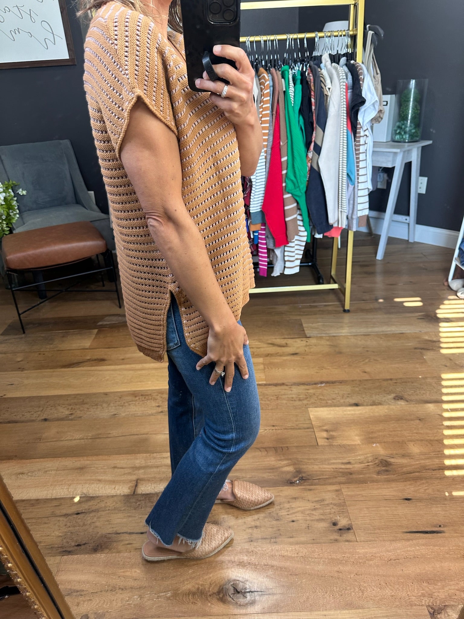 Here For Now V-Neck Knit Top - Camel/Pink-Short Sleeves-Wishlist-Anna Kaytes Boutique, Women's Fashion Boutique in Grinnell, Iowa