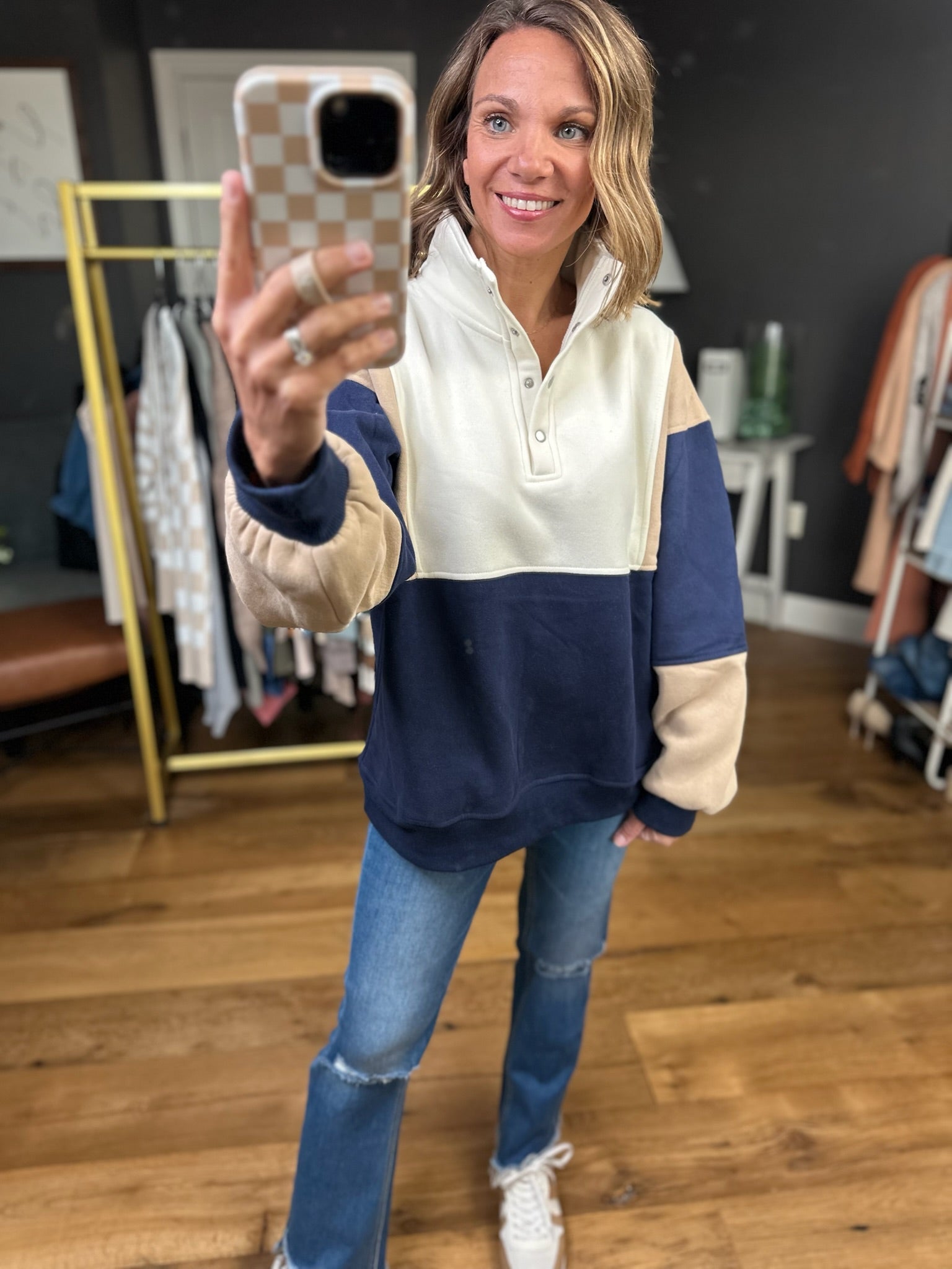 On The Move Oversized Henley Pullover - Coffee/Navy-Aemi & Co-Anna Kaytes Boutique, Women's Fashion Boutique in Grinnell, Iowa