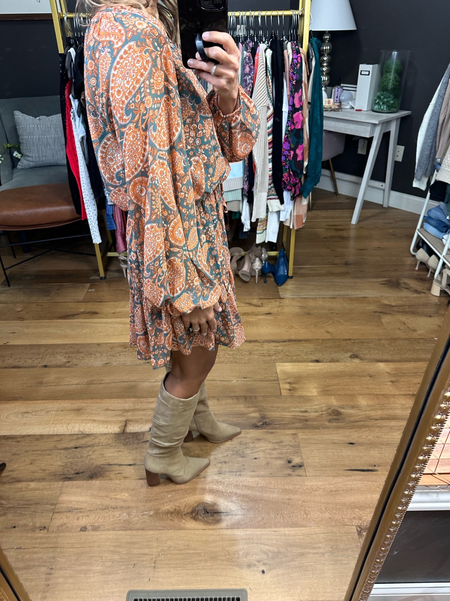 All I Could Want Paisley Printed Dress With Statement Sleeve Detail - Rust/Grey