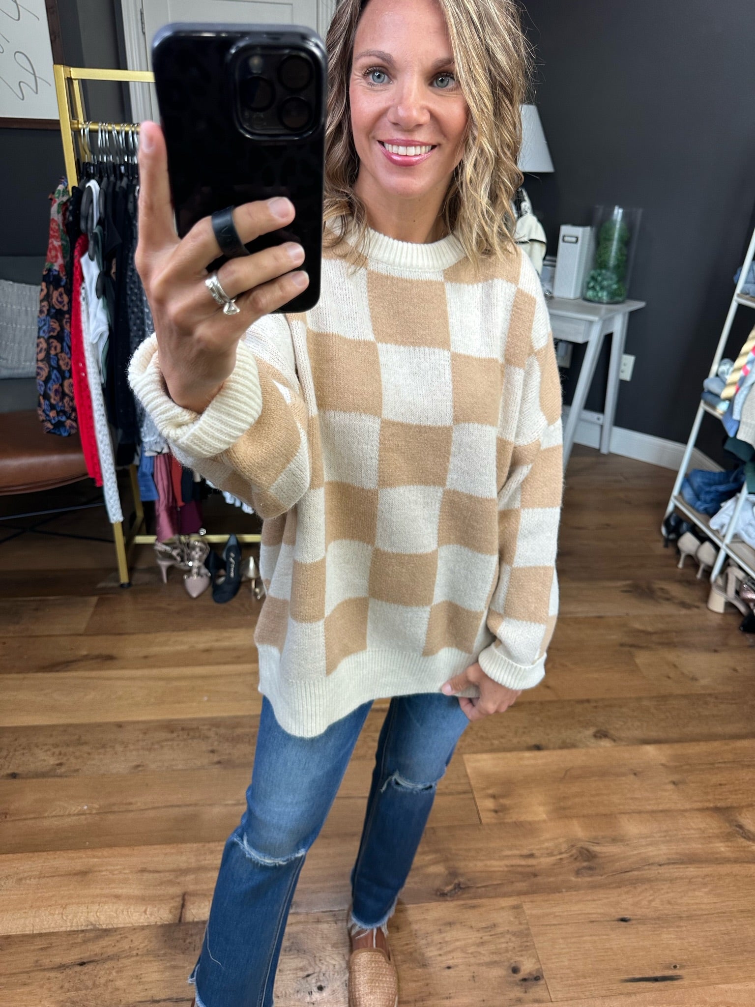 In Good Time Checkered Knit Sweater - Cream Taupe