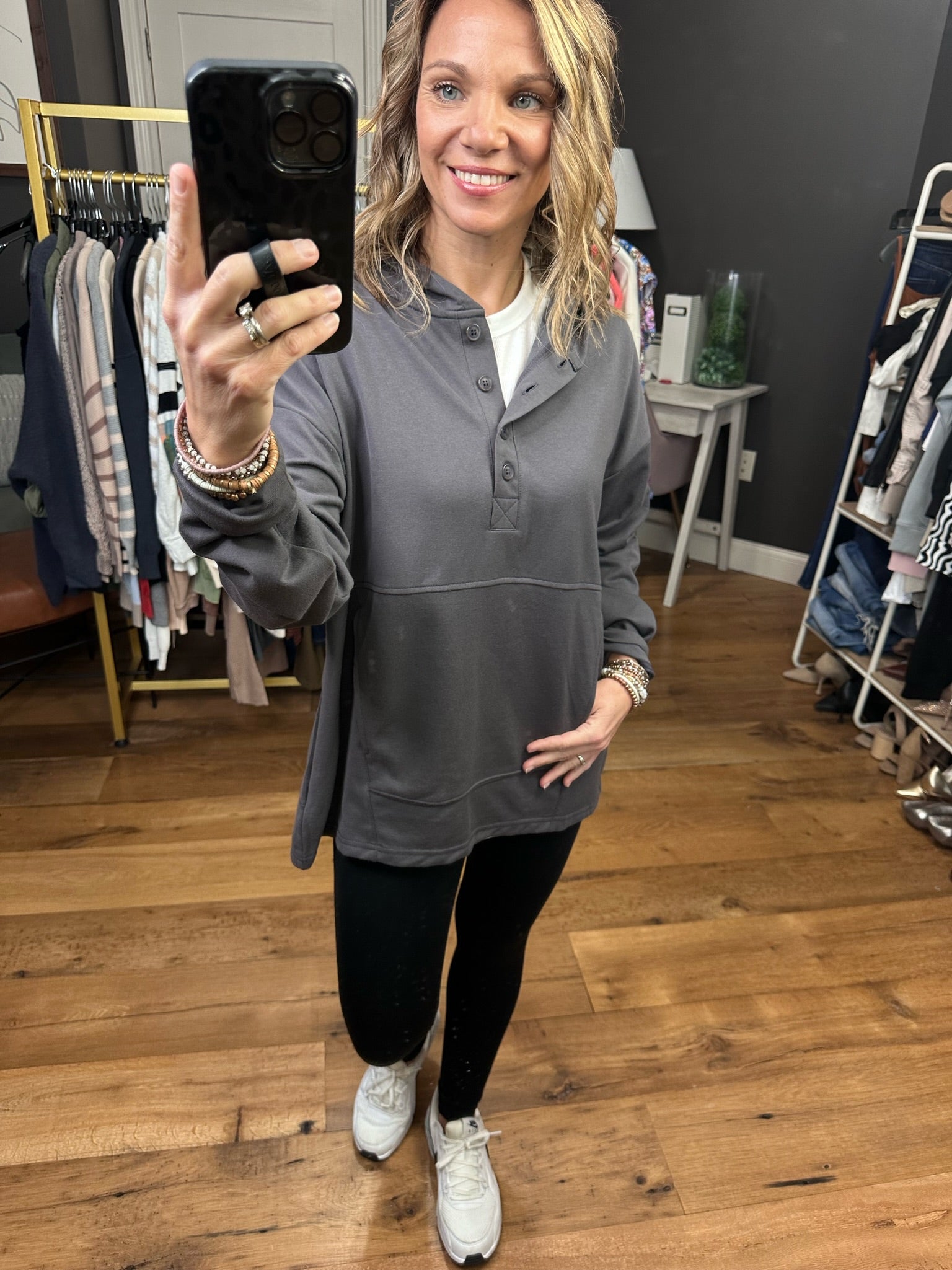 Hold Me Closer Henley Pocket Hoodie - Charcoal-Hoodies-Cotton Bleu 64605-Anna Kaytes Boutique, Women's Fashion Boutique in Grinnell, Iowa