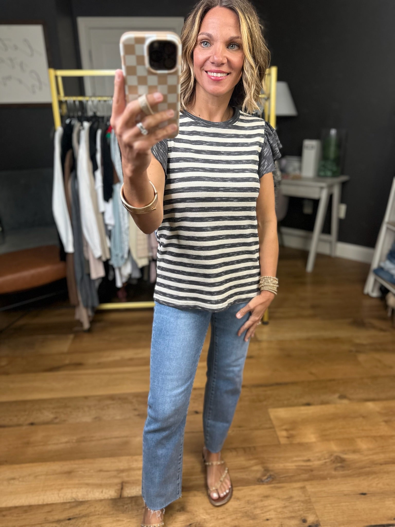 New To Town Striped Flutter Sleeve Top - Charcoal-Staccato-Anna Kaytes Boutique, Women's Fashion Boutique in Grinnell, Iowa