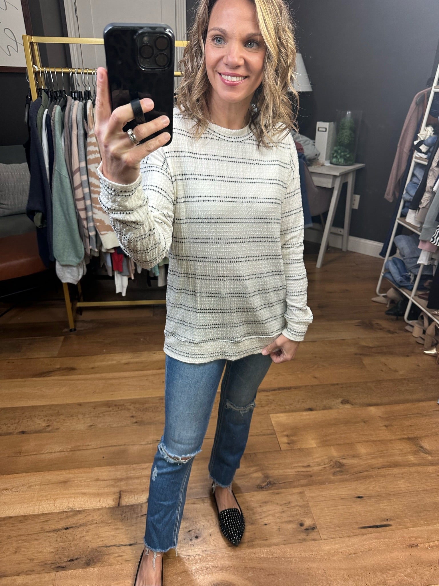 Let It Be Striped Textured Longsleeve - Ivory-Long Sleeves-Staccato 19126B-Anna Kaytes Boutique, Women's Fashion Boutique in Grinnell, Iowa