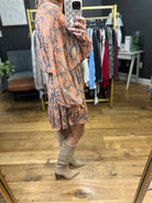 All I Could Want Paisley Printed Dress With Statement Sleeve Detail - Rust/Grey-Entro-Anna Kaytes Boutique, Women's Fashion Boutique in Grinnell, Iowa