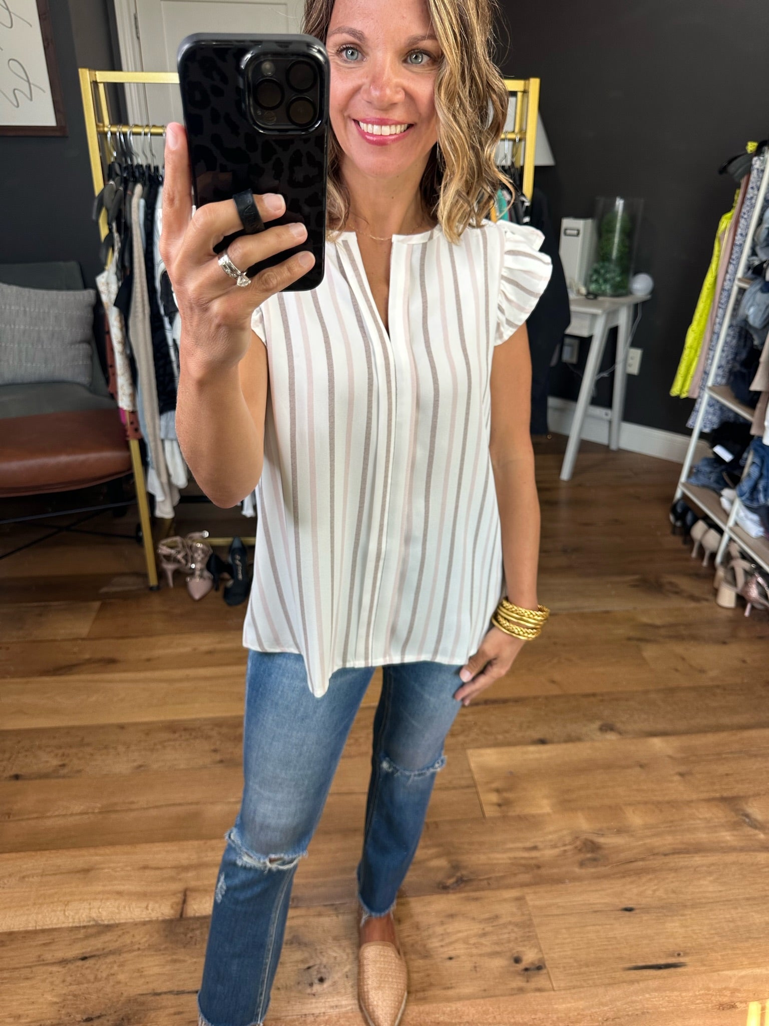On The Note Striped Flutter Sleeve Top - Taupe