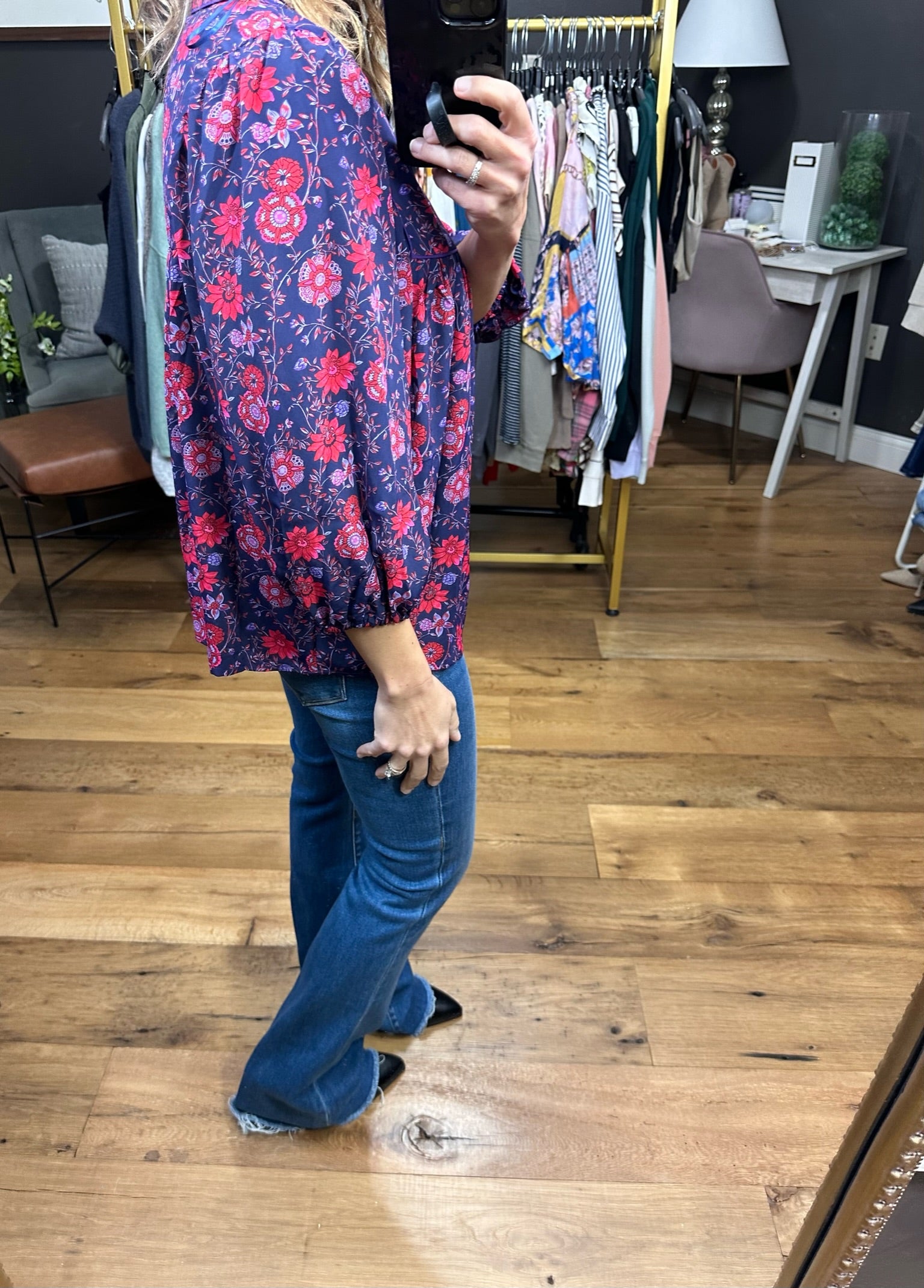 Spring Awaits Flowy Floral Top With Pleat Detail - Grape/Red-Long Sleeves-Skies Are blue 45521-Anna Kaytes Boutique, Women's Fashion Boutique in Grinnell, Iowa