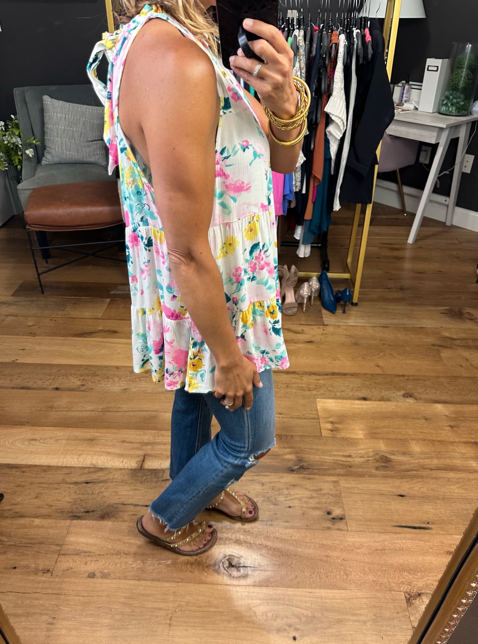 A Good Start Floral Top With Mock Neck - Ivory-Sleeveless-Andree By Unit Emily Wonder T10375-Anna Kaytes Boutique, Women's Fashion Boutique in Grinnell, Iowa