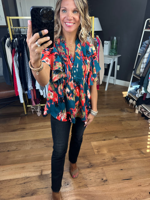 Overtime Patterned Top With Pleated Detail - Hunter Green