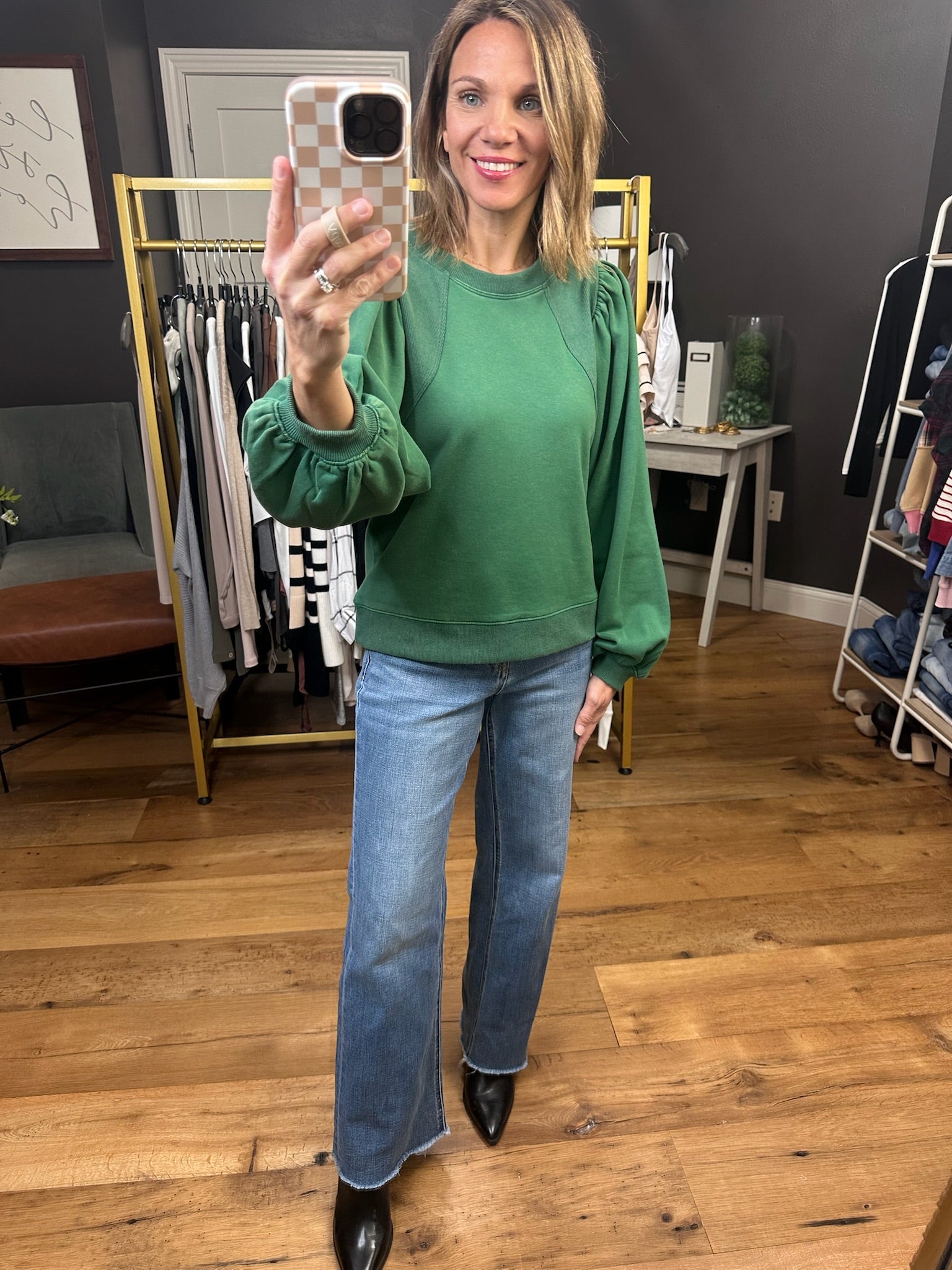 Looking Back Balloon Sleeve Crew Sweatshirt - Hunter Green-Jodifl-Anna Kaytes Boutique, Women's Fashion Boutique in Grinnell, Iowa