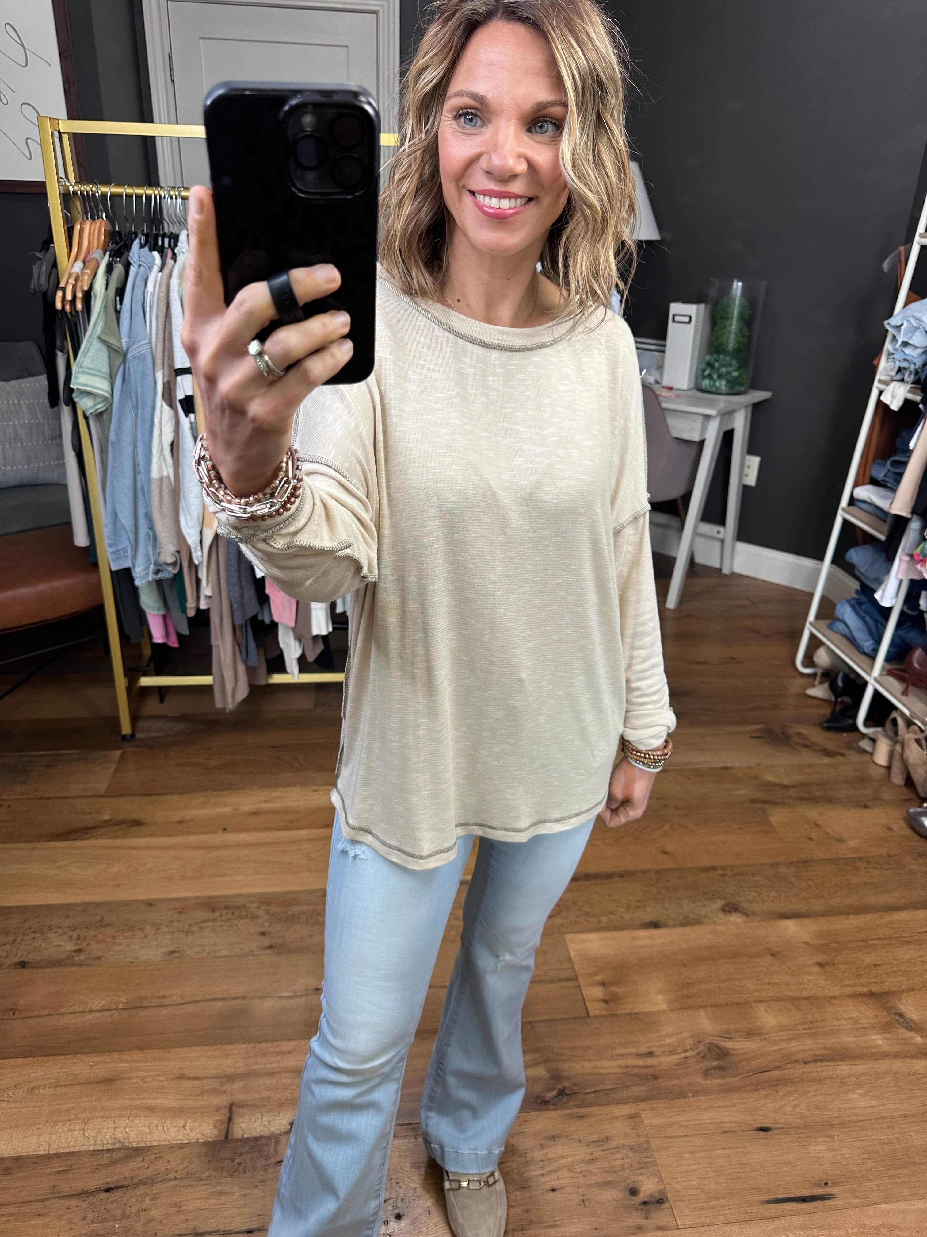 True Already Washed Raw Hem Long Sleeve Top - Oatmeal-Long Sleeves-Staccato 17125c-Anna Kaytes Boutique, Women's Fashion Boutique in Grinnell, Iowa