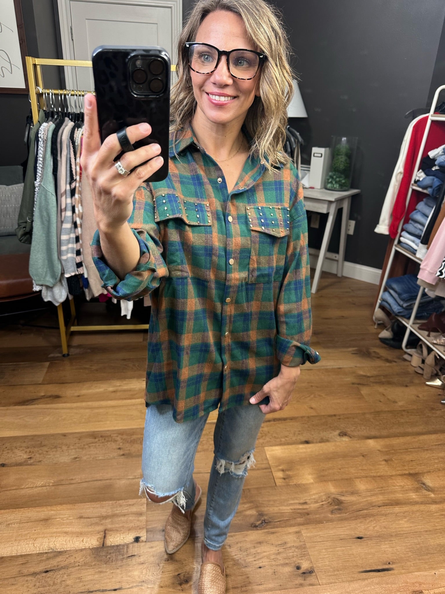 Anymore Obvious Plaid Button-Down With Studded Detail - Hunter Green-Long Sleeves-Entro T21945-Anna Kaytes Boutique, Women's Fashion Boutique in Grinnell, Iowa