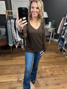 Better Explanation Striped V-Neck Long Sleeve Top - Navy/Rust-Long Sleeves-Skies Are Blue 45496-Anna Kaytes Boutique, Women's Fashion Boutique in Grinnell, Iowa