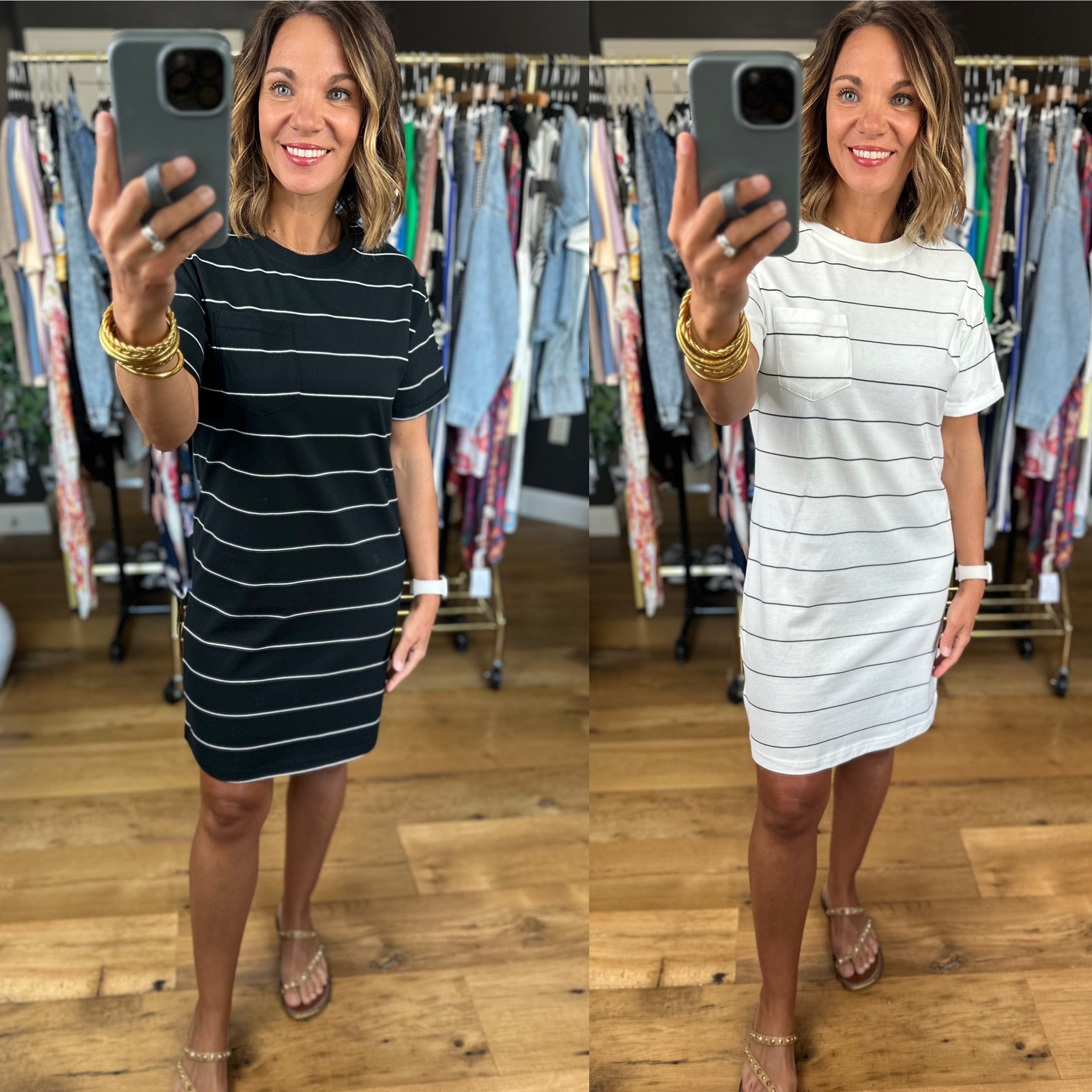 The Kick Back Striped Pocket T-Shirt Dress-Dresses-Thread & Supply-Anna Kaytes Boutique, Women's Fashion Boutique in Grinnell, Iowa