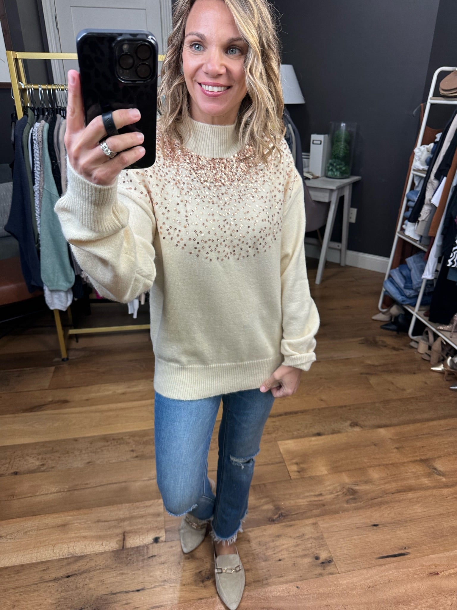 Glitz & Glam Sequin Detail Mock-Neck Sweater - Cream-Sweaters-Lavender J T21021-Anna Kaytes Boutique, Women's Fashion Boutique in Grinnell, Iowa