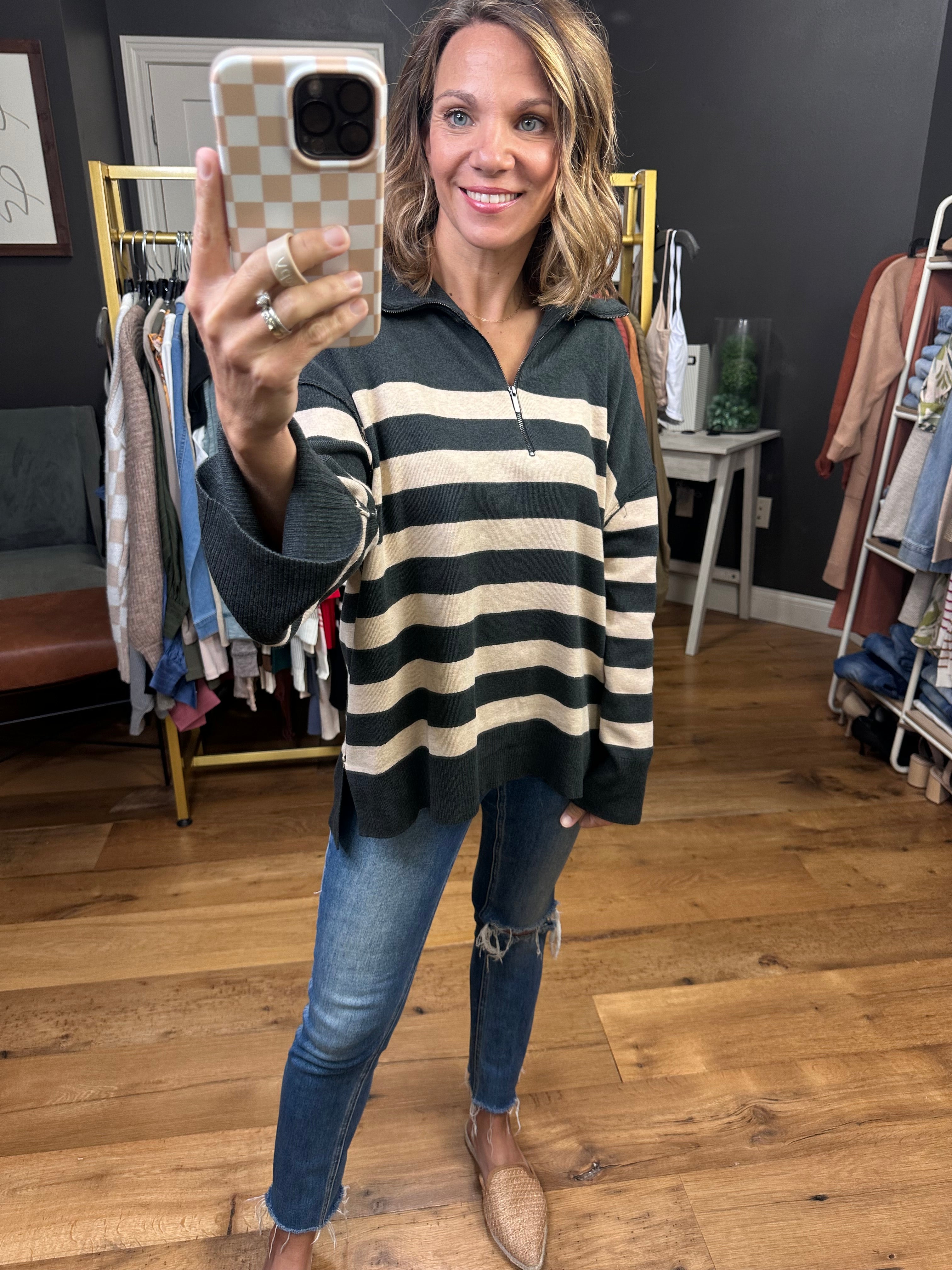 Brittany Mocha and Charcoal 1/2 Zip Striped Knit-Entro-Anna Kaytes Boutique, Women's Fashion Boutique in Grinnell, Iowa