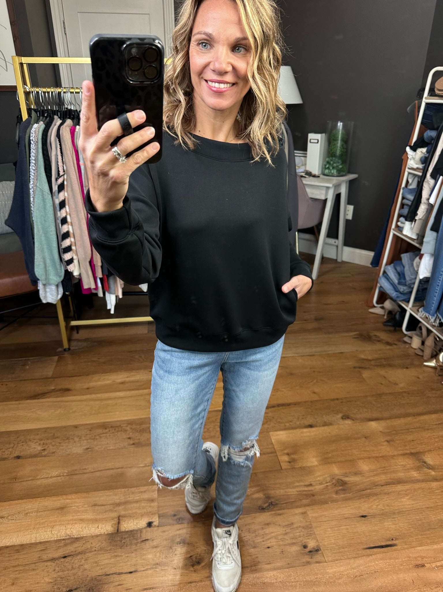 Back In Black Scuba Sweatshirt With Pockets - Black-Sweaters-Wasabi & Mint WMT3194-Anna Kaytes Boutique, Women's Fashion Boutique in Grinnell, Iowa