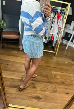 The Noah Pinstripe Chambray Paperbag Shorts-Blu Pepper-Anna Kaytes Boutique, Women's Fashion Boutique in Grinnell, Iowa