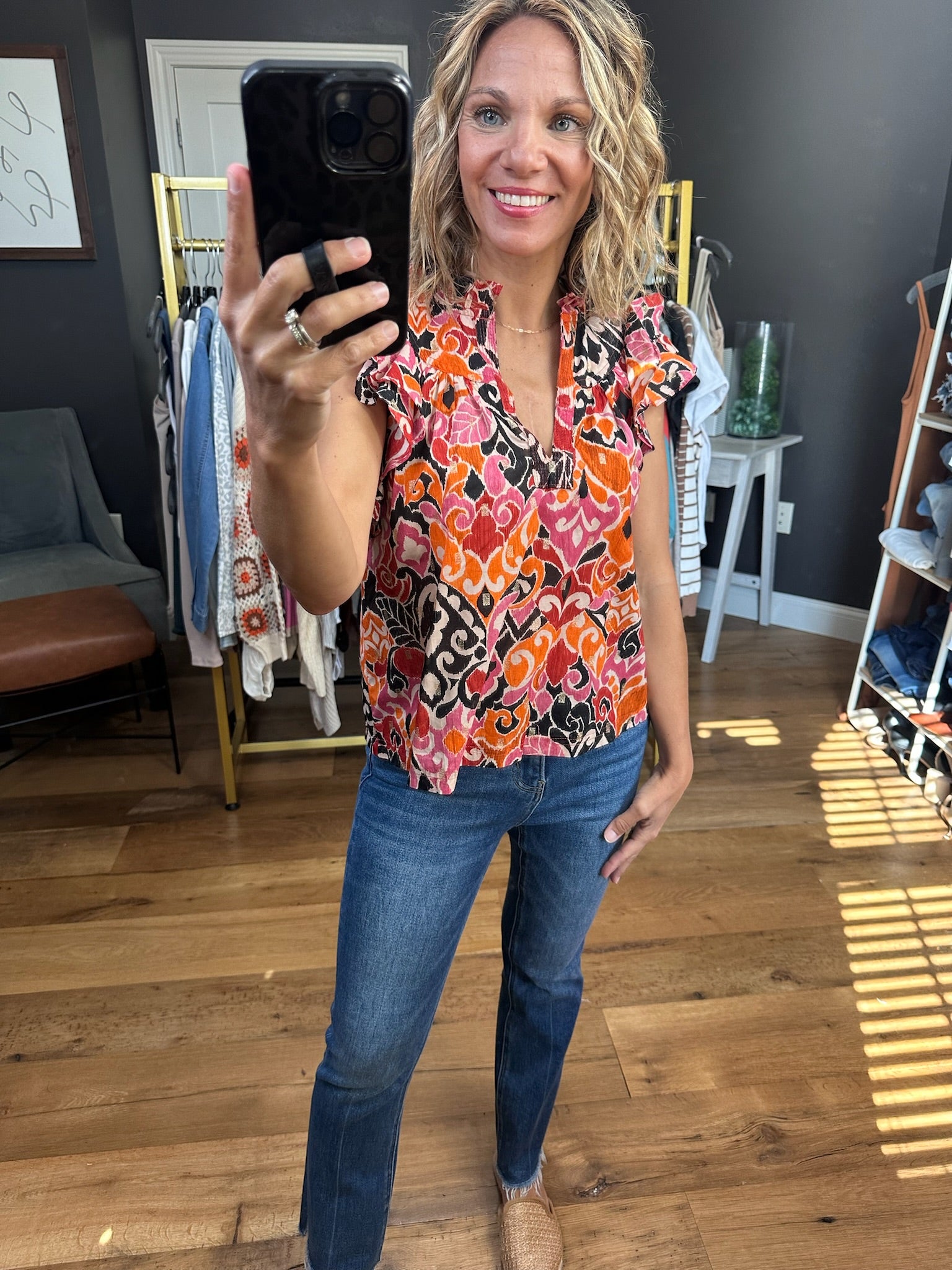 Never Look Back Patterned V-Neck Top - Black Combo-Short Sleeves-Olivaceous-Anna Kaytes Boutique, Women's Fashion Boutique in Grinnell, Iowa