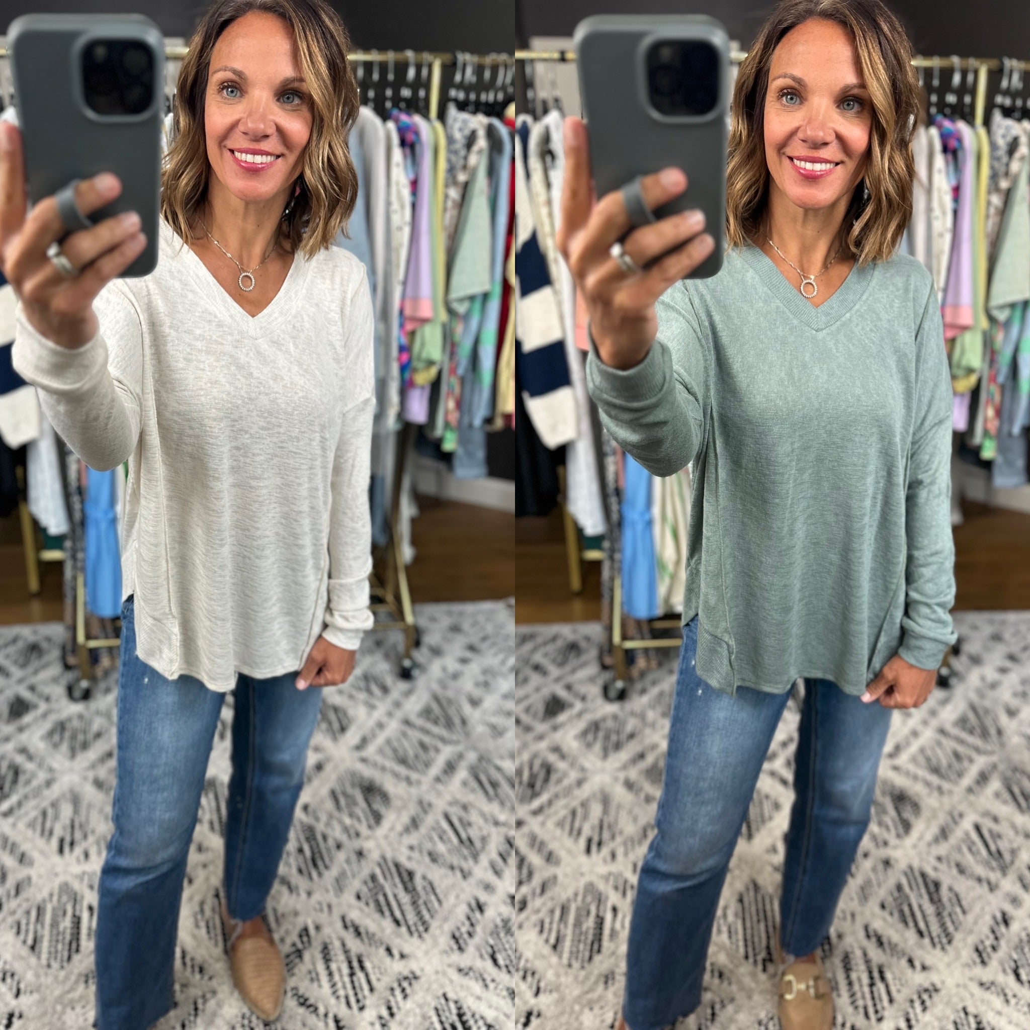A Big Day V-Neck Top-Long Sleeves-Wasabi & Mint-Anna Kaytes Boutique, Women's Fashion Boutique in Grinnell, Iowa