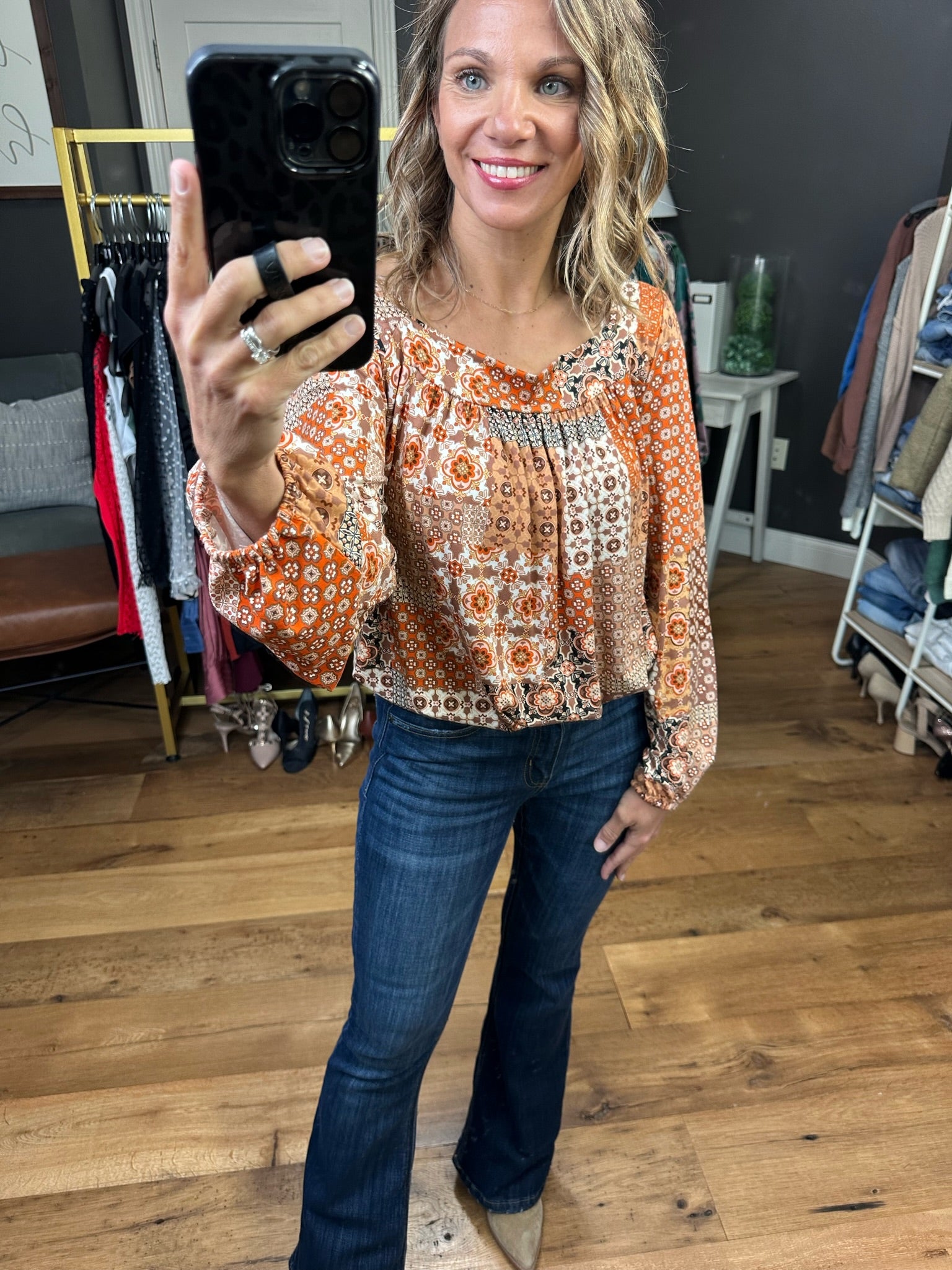 Just The Thing Boat Neck Patchwork Longsleeve Top - Mocha/Taupe/Rust-Long Sleeves-Haptics HT3740A-Anna Kaytes Boutique, Women's Fashion Boutique in Grinnell, Iowa