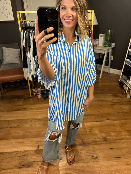 Good For Business Striped Button-Down Top - Blue/White