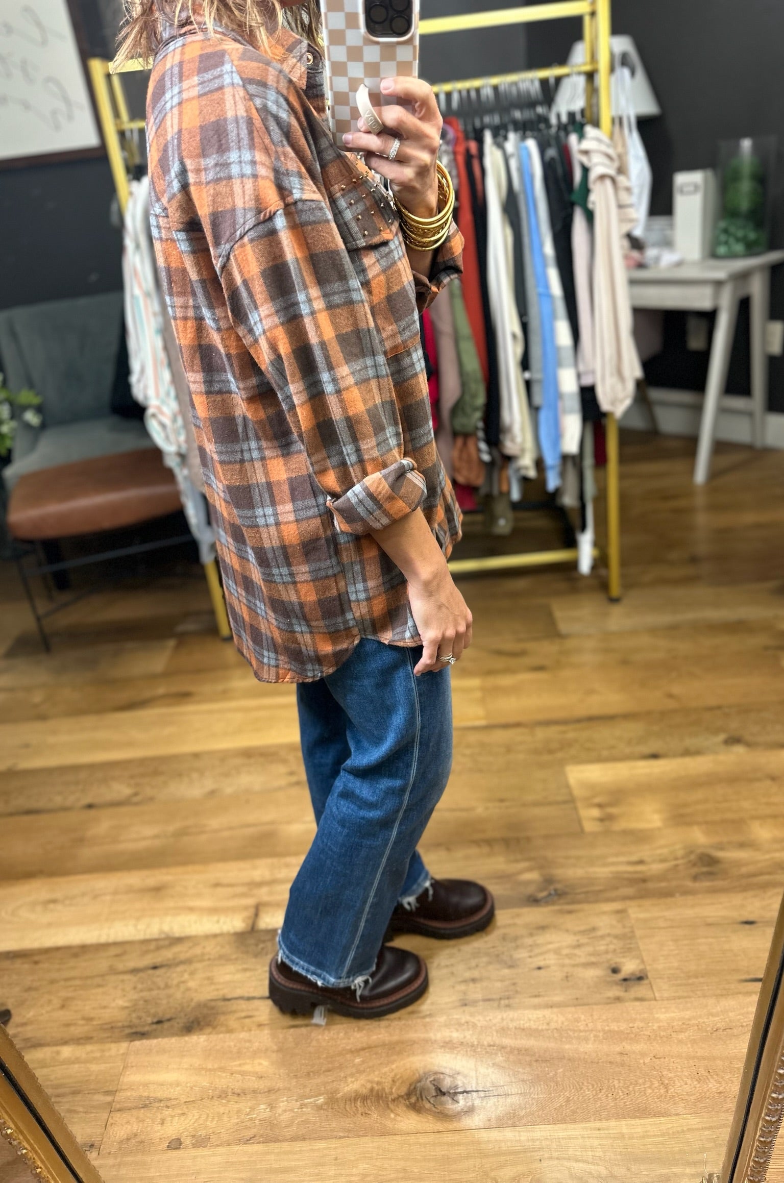 Upside Plaid Button-Down Top - Mocha-Entro-Anna Kaytes Boutique, Women's Fashion Boutique in Grinnell, Iowa