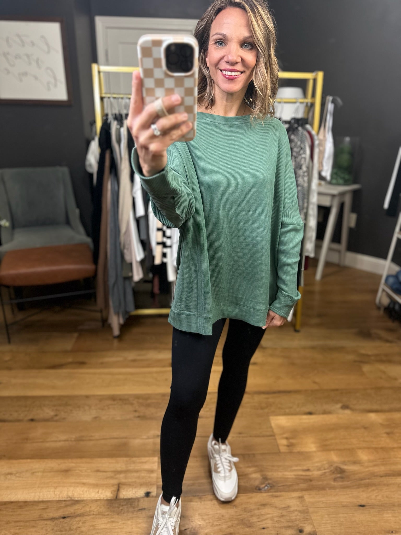 Make It Happen Waffle Long Sleeve Top - Dark Basil-Mono B-Anna Kaytes Boutique, Women's Fashion Boutique in Grinnell, Iowa