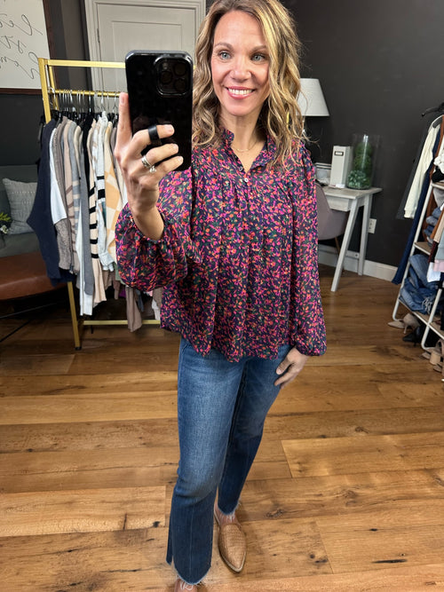Seeing You Soon Floral Balloon Sleeve Top - Navy/Magenta-Skies Are Blue 45289-Anna Kaytes Boutique, Women's Fashion Boutique in Grinnell, Iowa